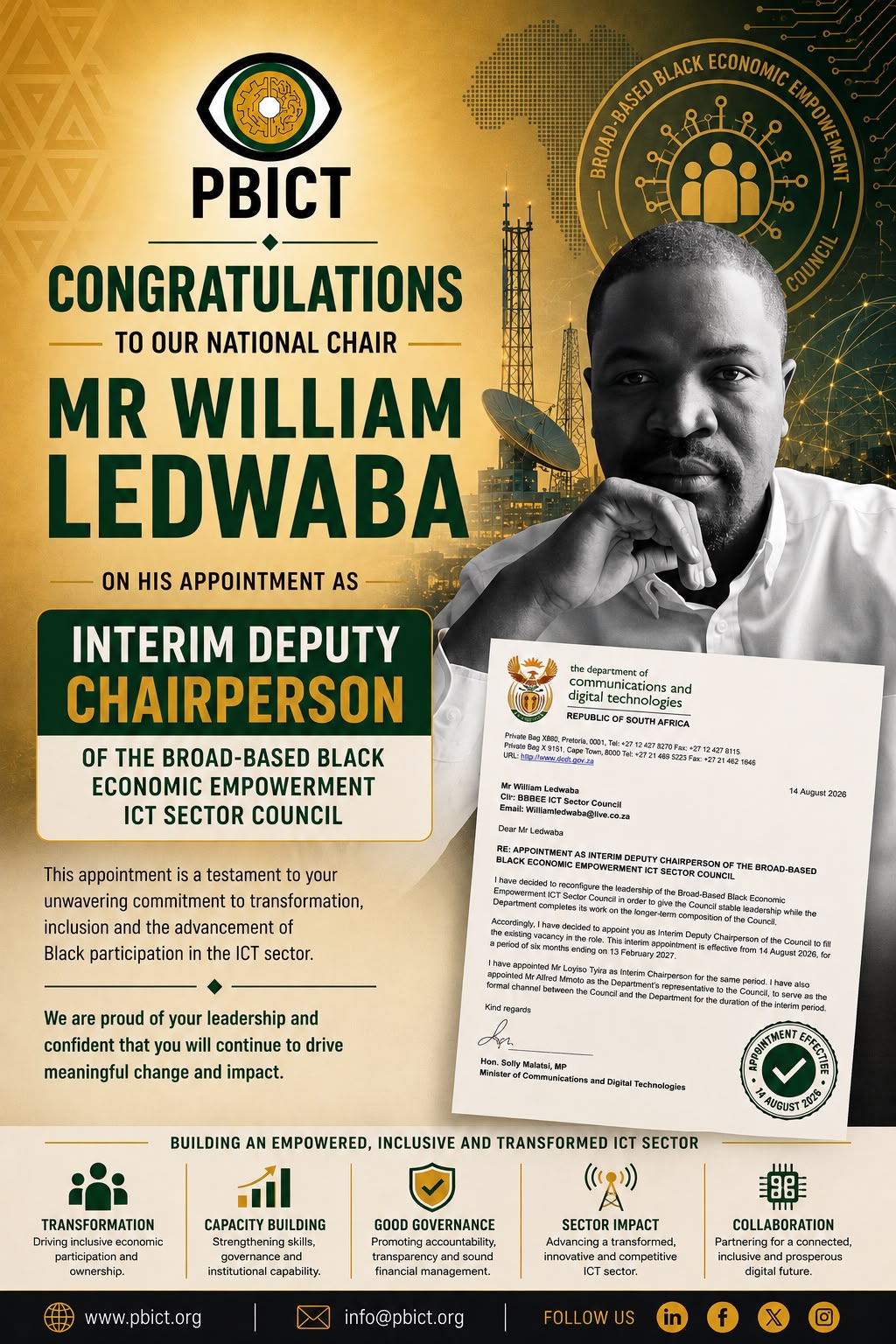 PBICT Congratulates National Chairperson William Ledwaba on Appointment to B‑BBEE ICT Sector Council